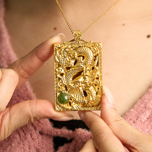 Buddha Stones Dragon Gold Plated Copper Hetian Jade Strength Necklace Pendant