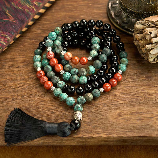 Buddha Stones 108 Mala Natural Black Onyx Red Jasper Turquoise Beads Buddha Head Tassel Protection Bracelet