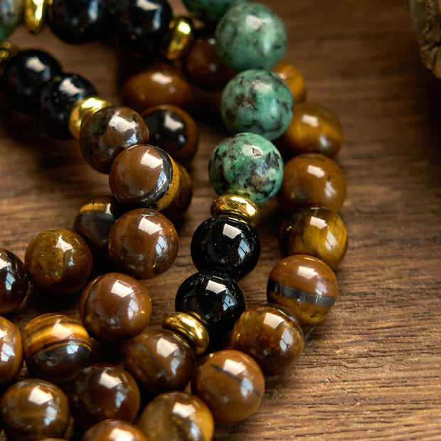 Buddha Stones 108 Mala Natural Stone Tiger Eye Turquoise Beads Tassel Protection Bracelet