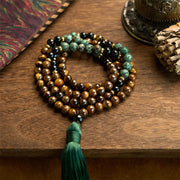 Buddha Stones 108 Mala Natural Stone Tiger Eye Turquoise Beads Tassel Protection Bracelet