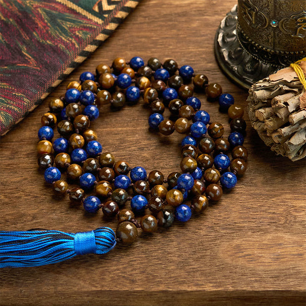 Buddha Stones 108 Beads Natural Stone Tiger Eye Lazurite Mala Tassel Protection Bracelet