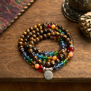 Buddha Stones 108 Mala Beads Natural Stone Tiger Eye Colored Beads Lotus Protection Bracelet