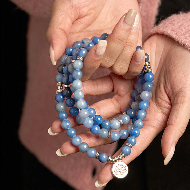 Buddha Stones 108 Mala Beads Multi-layer Natural Blue Aventurine Lotus Calm Bracelet