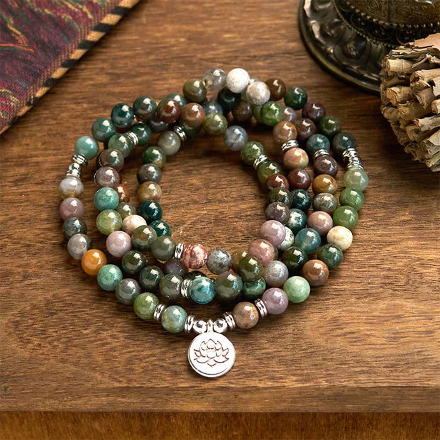 Buddha Stones 108 Mala Beads Natural Stone Indian Agate Lotus Calm Bracelet