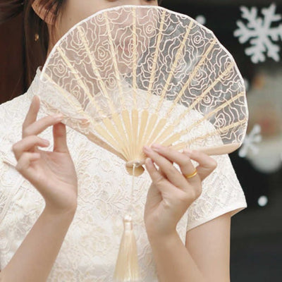 Buddha Stones Rose Embroidery Lace Shell Shape Tassels Handheld Bamboo Folding Fan Folding Fan BS main