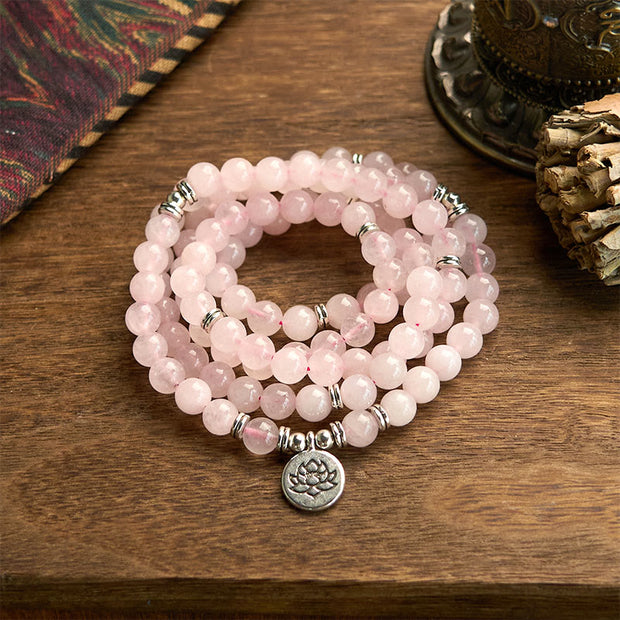 Buddha Stones 108 Mala Beads Natural Stone Rose Quartz Lotus Peace Bracelet