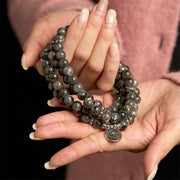 Buddha Stones 108 Mala Beads Multi-layer Natural Black Glitter Stone Lotus Positivity Bracelet