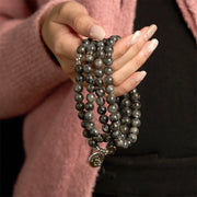 Buddha Stones 108 Mala Beads Multi-layer Natural Black Glitter Stone Lotus Positivity Bracelet