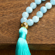 Buddha Stones 108 Mala Beads Natural Stone Aquamarine Tassel Lotus Healing Bracelet