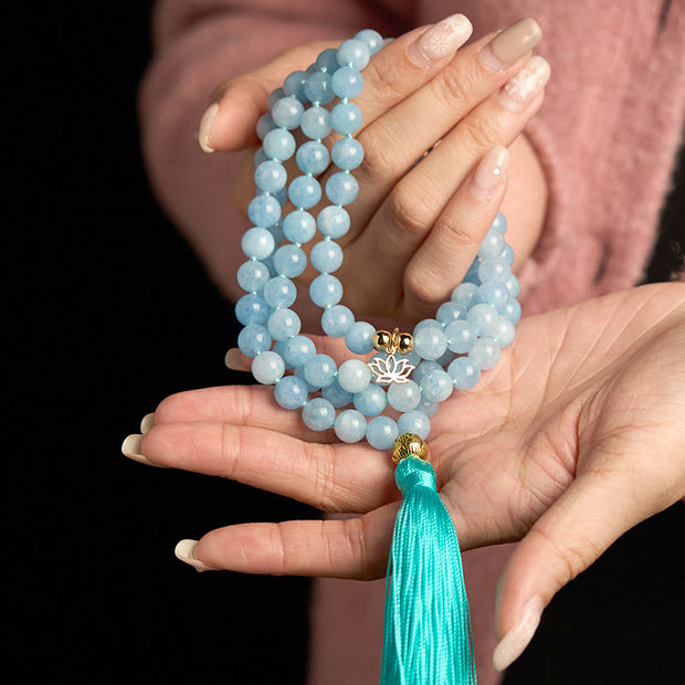 Buddha Stones 108 Mala Beads Natural Stone Aquamarine Tassel Lotus Healing Bracelet