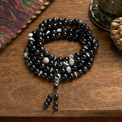 Buddha Stones 108 Mala Beads Natural Stone Black Onyx Protection Bracelet