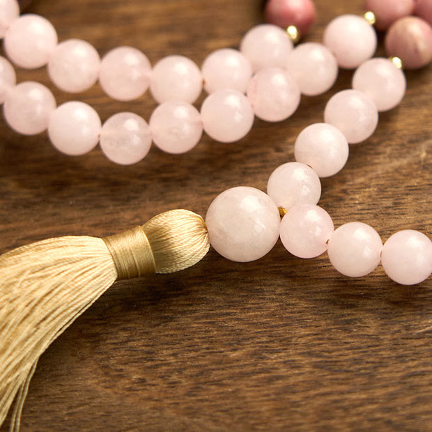 Buddha Stones 108 Mala Beads Rhodonite Rose Quartz Tassel Healing Bracelet