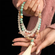 Buddha Stones 108 Mala Beads Natural White Jade Amazonite White Tassel Healing Bracelet