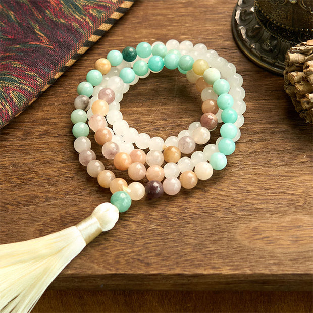 Buddha Stones 108 Mala Beads Natural White Jade Amazonite White Tassel Healing Bracelet