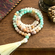 Buddha Stones 108 Mala Beads Natural White Jade Amazonite White Tassel Healing Bracelet