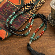 Buddha Stones 108 Mala Natural Black Onyx Red Jasper Turquoise Beads Buddha Head Tassel Protection Bracelet