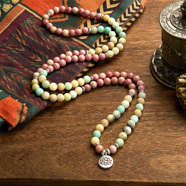 Buddha Stones 108 Mala Rhodonite Amazonite Beads Lotus Compassion Bracelet