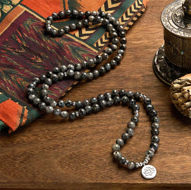 Buddha Stones 108 Mala Beads Multi-layer Natural Black Glitter Stone Lotus Positivity Bracelet