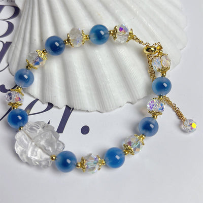 Buddha Stones Natural Blue Candy Agate White Crystal Nine Tailed Fox Harmony Bracelet