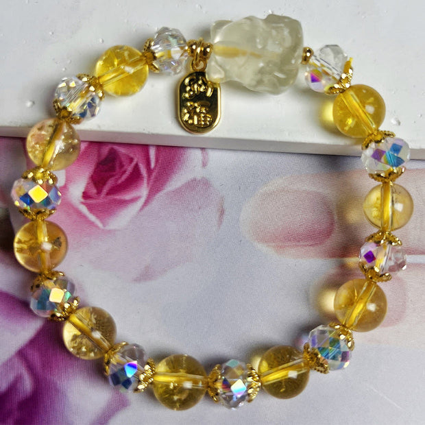 Buddha Stones Natural Citrine White Crystal Nine Tailed Fox Attracting Wealth Charm Energy Bracelet