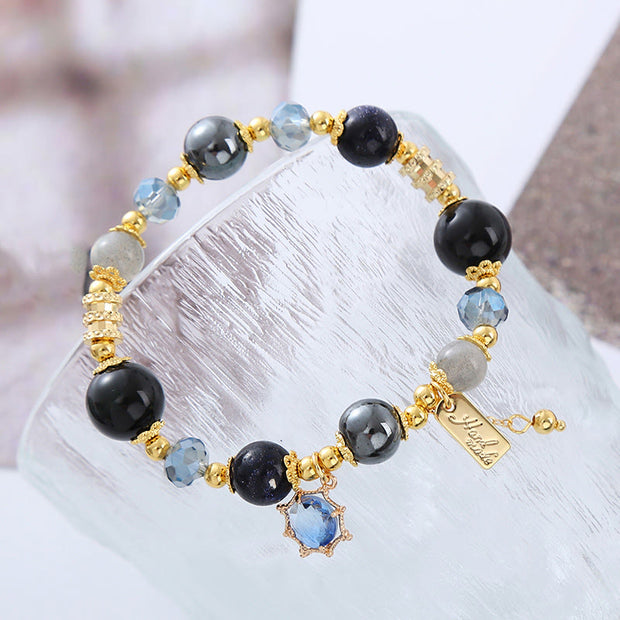 Buddha Stones Natural Black Obsidian Hematite Blue Sandstone Strength Bracelet