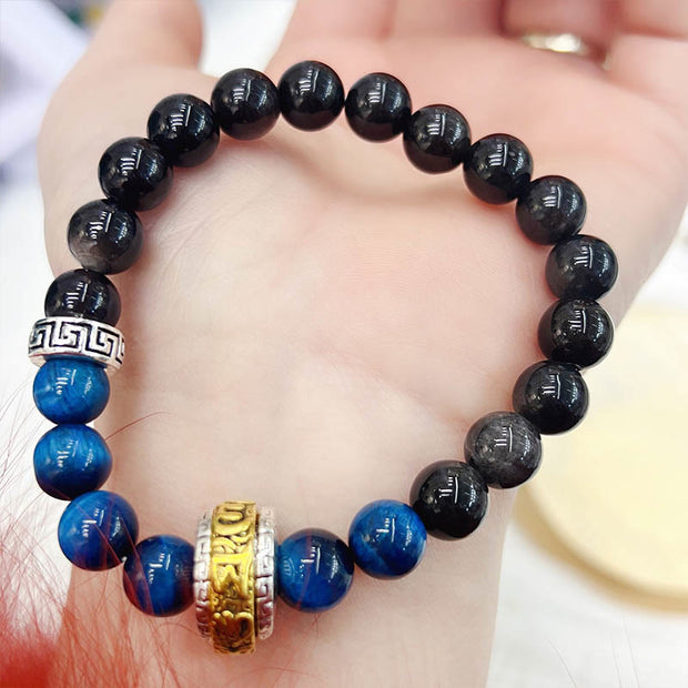 FREE Today: Communication and Positive Silver Sheen Obsidian Blue Tiger Eye Om Mani Padme Hum Bracelet