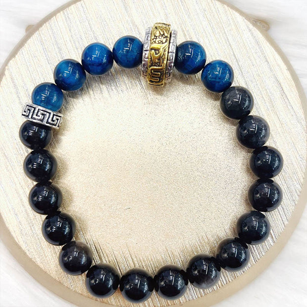 Buddha Stones Silver Sheen Obsidian Blue Tiger Eye Om Mani Padme Hum Protection Bracelet