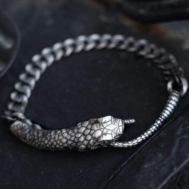 Buddha Stones Sterling Silver Snake Shape Texture Year Of The Snake Blessing Bracelet Bracelet BS Sterling Silver(Wrist Circumference: 21-22.5cm)