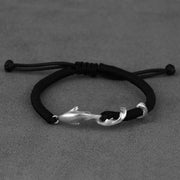 Buddha Stones 999 Sterling Silver Shark Black Wax Rope Protection Bracelet Bracelet BS 999 Sterling Silver Wax Rope-Silvery White(Wrist Circumference: 13-22cm)