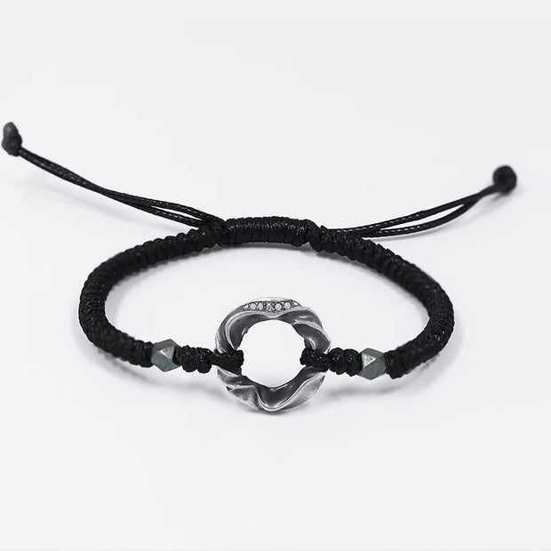 Buddha Stones 999 Sterling Silver Peace Buckle Black Wax Rope Protection Bracelet Bracelet BS 9