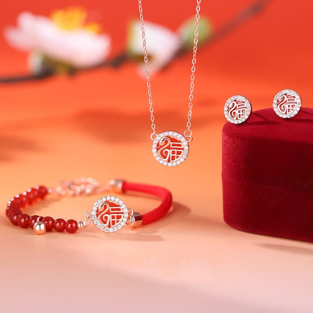 Buddha Stones 999 Sterling Silver Year of the Snake Natural Red Agate Fu Character Confidence Bracelet Necklace Pendant Earrings