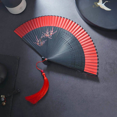 Buddha Stones Flower Rabbit Spray Painting Handheld Cotton Linen Fabric Bamboo Folding Fan Folding Fan BS Red Plum Blossom 21cm