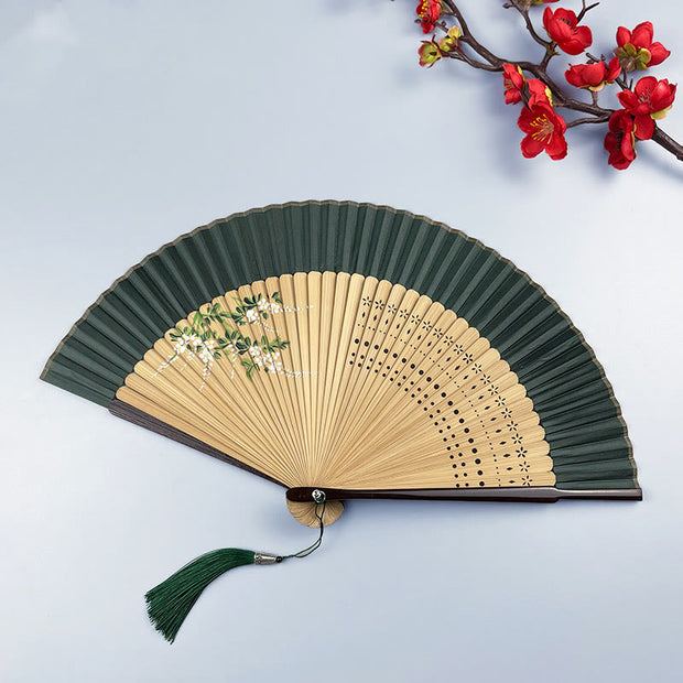 Buddha Stones Flower Rabbit Spray Painting Handheld Cotton Linen Fabric Bamboo Folding Fan Folding Fan BS Green Peach Blossom 21cm