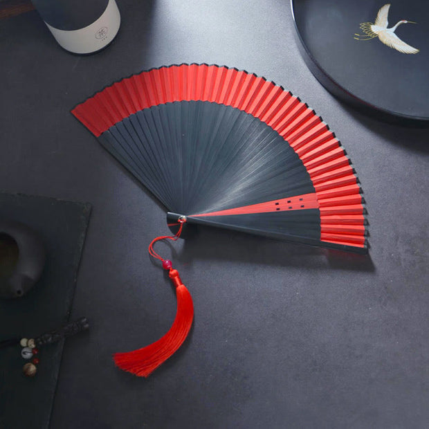 Buddha Stones Flower Rabbit Spray Painting Handheld Cotton Linen Fabric Bamboo Folding Fan Folding Fan BS Black With Red 21cm