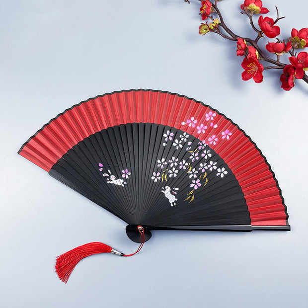 Buddha Stones Flower Rabbit Spray Painting Handheld Cotton Linen Fabric Bamboo Folding Fan Folding Fan BS Rabbit 21cm