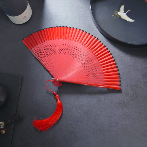 Buddha Stones Flower Rabbit Spray Painting Handheld Cotton Linen Fabric Bamboo Folding Fan Folding Fan BS Hollow Red 21cm