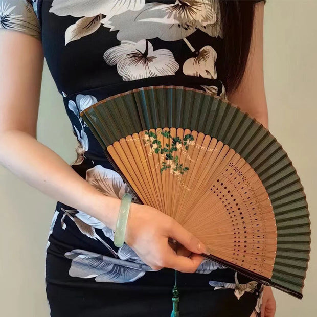 Buddha Stones Flower Plain Handheld Polyester Tassel Bamboo Folding Fan 21cm Folding Fan BS Peach Blossom 21cm