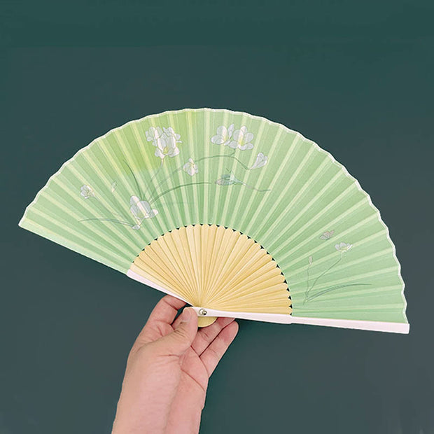 Buddha Stones Orchid Begonia Flower Handheld Cotton Linen Fabric Bamboo Folding Fan Folding Fan BS 1