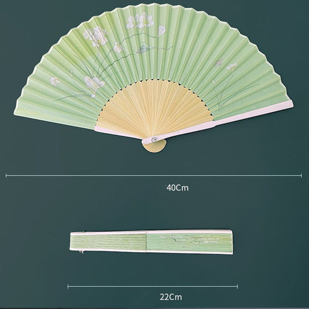 Buddha Stones Orchid Begonia Flower Handheld Cotton Linen Fabric Bamboo Folding Fan Folding Fan BS 4