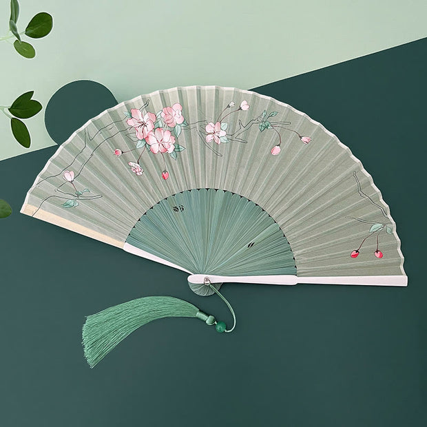 Buddha Stones Orchid Begonia Flower Handheld Cotton Linen Fabric Bamboo Folding Fan Folding Fan BS Begonia  Green Bamboo Ribs 21cm