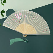 Buddha Stones Orchid Begonia Flower Handheld Cotton Linen Fabric Bamboo Folding Fan Folding Fan BS Begonia Bamboo Ribs 21cm