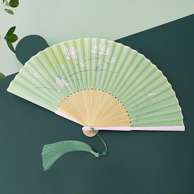 Buddha Stones Orchid Begonia Flower Handheld Cotton Linen Fabric Bamboo Folding Fan Folding Fan BS Orchid Bamboo Ribs 22cm