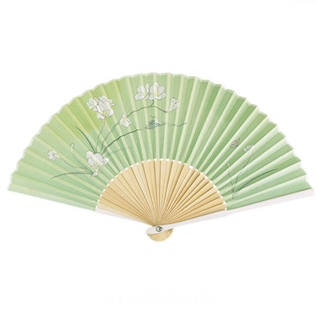 Buddha Stones Orchid Begonia Flower Handheld Cotton Linen Fabric Bamboo Folding Fan Folding Fan BS 2