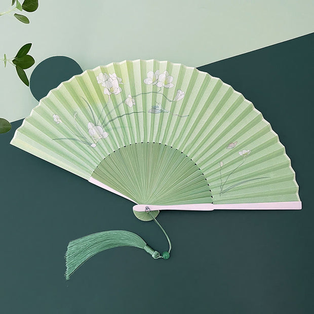 Buddha Stones Orchid Begonia Flower Handheld Cotton Linen Fabric Bamboo Folding Fan Folding Fan BS Orchid Green Bamboo Ribs 22cm