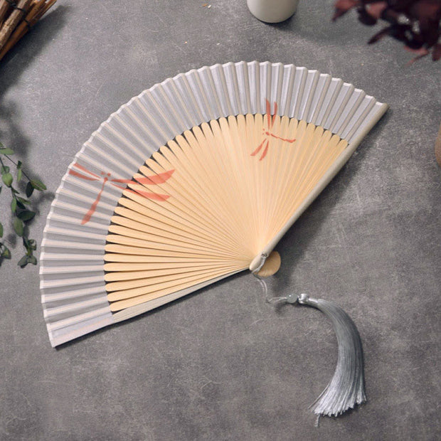 Buddha Stones Dragonfly Handheld Polyester Tassel Bamboo Folding Fan 22cm Folding Fan BS Gray Dragonfly 22cm