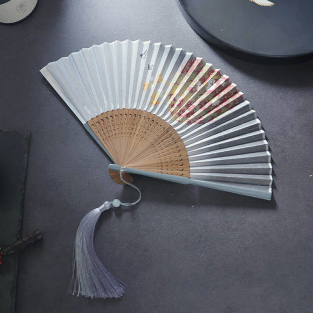 Buddha Stones Gardenia Cherry Blossom Moon Handheld Polyester Bamboo Folding Fan 21cm Folding Fan BS Cherry Moon Gray Edge 21cm