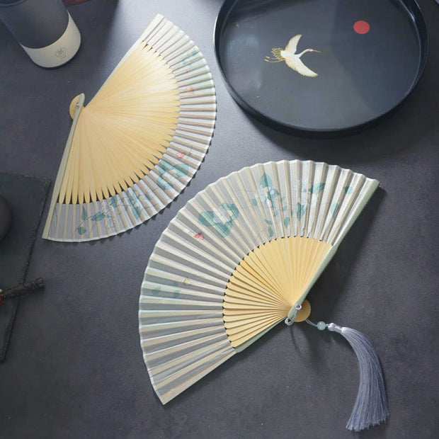 Buddha Stones Gardenia Cherry Blossom Moon Handheld Polyester Bamboo Folding Fan 21cm Folding Fan BS 5