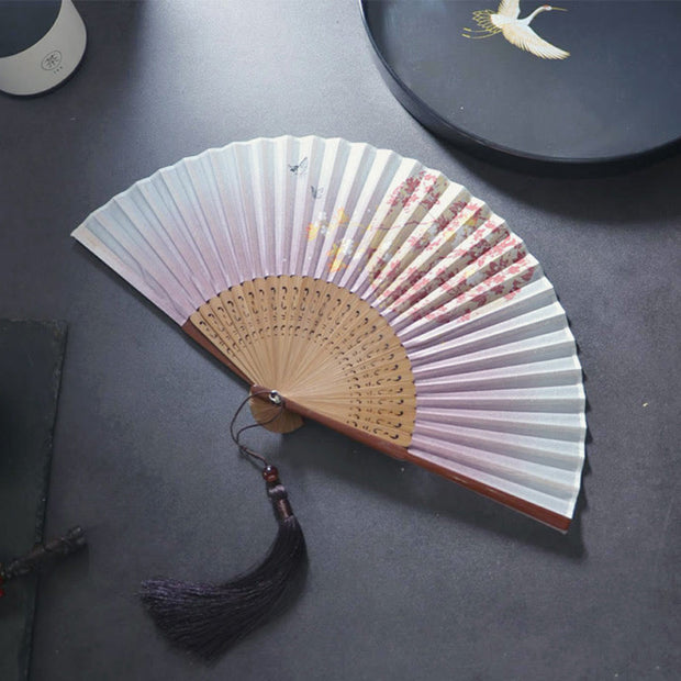 Buddha Stones Gardenia Cherry Blossom Moon Handheld Polyester Bamboo Folding Fan 21cm Folding Fan BS Cherry Moon Brown Edge 21cm