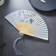 Buddha Stones Gardenia Cherry Blossom Moon Handheld Polyester Bamboo Folding Fan 21cm Folding Fan BS Bamboo Leaves 21cm