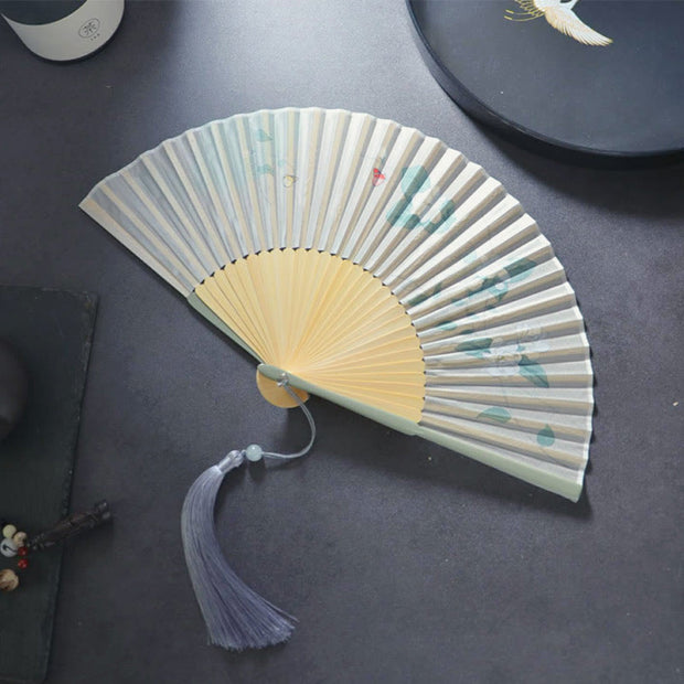 Buddha Stones Gardenia Cherry Blossom Moon Handheld Polyester Bamboo Folding Fan 21cm Folding Fan BS Gardenia 21cm